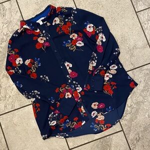 POPSUGAR Navy Floral Button-Down Top with Blue Trim